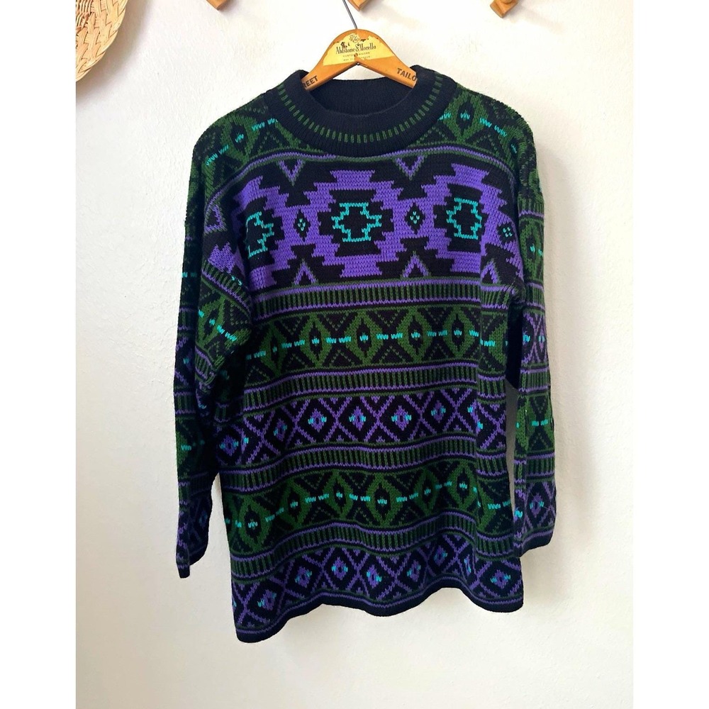 Star City Vtg 90s Geometric Knit Pullover Sweater Women L coogi Black Purple
